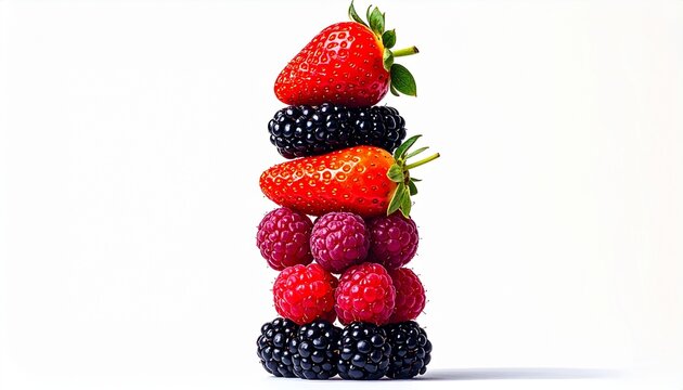 Pyramid stack of strawberries, blackberries, and raspberries on white background, symbolizing healthy eating, vibrant colors, and natural fruit textures in food photography.