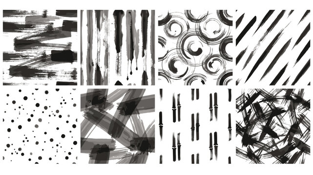 Grunge brush stroke pattern vector set with ink splatter dot drip swirl and cross hatching seamless backgrounds for art design
