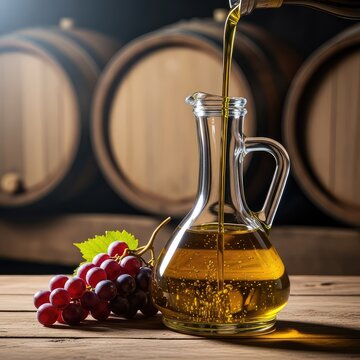 Premium liquid gold olive oil pouring into a glass decanter beside ripe grapes and wooden barrels in a rustic style cellar setting, ingredient, grapes, aged