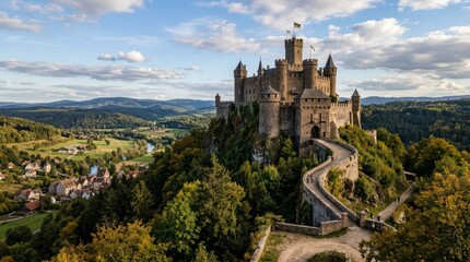 Obraz premium Majestic Medieval Castle Perched on Hilltop Overlooking Lush Green Valley.