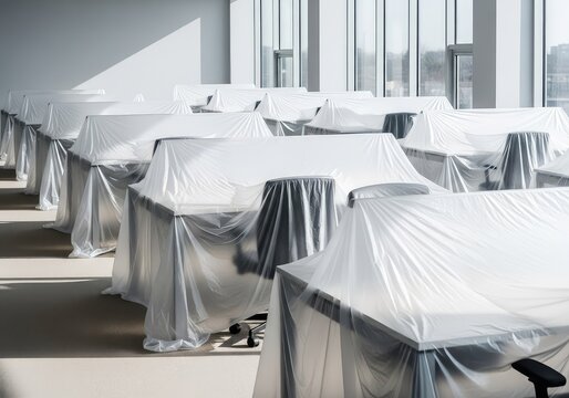 Rows of office workstations and chairs are shrouded in white plastic dust sheets during a renovation or moving process in a bright room, beginning, modern, real estate