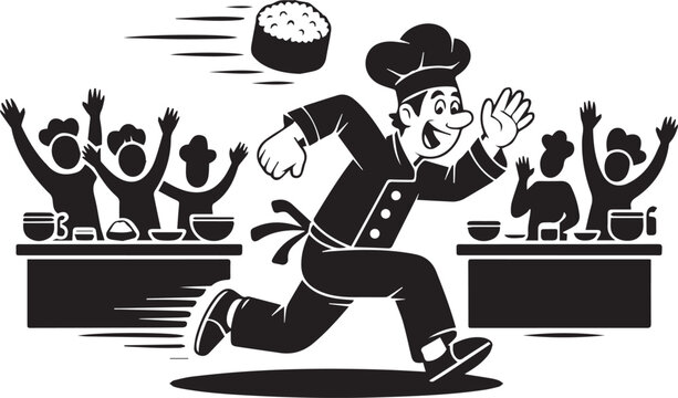 An energetic professional chef in a black uniform running fast with a flying piece of sushi inside a busy restaurant kitchen