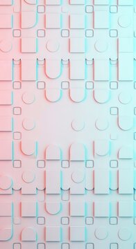 Superficie bianca pulita con pattern geometrico in rilievo di cerchi e quadrati alternati, ideale per sfondi minimalisti e design moderno, simmetria, uniforme, composizione