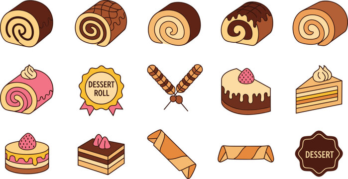 Swiss Roll Cake and Sweet Dessert Vector Icon Set on White Background