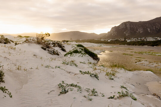 muted sunset light over Grotto lagoon and sand dunes, Hermanus, South Africa