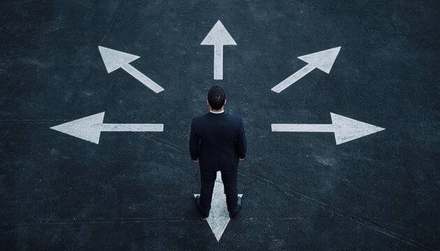 Business man facing a choice of direction and future path for business strategy