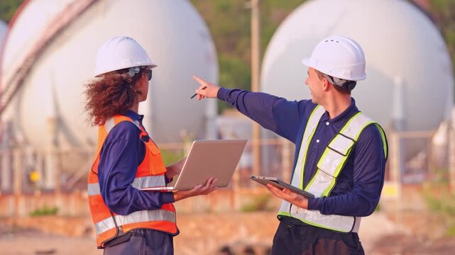 Collaborative planning meeting industrial site professional discussion outdoor environment engaged perspective teamwork in action