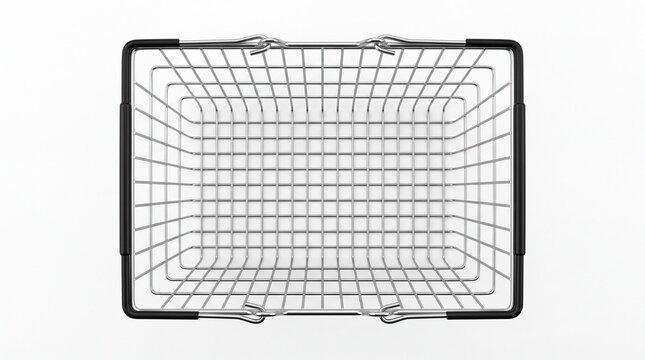 Empty metal shopping basket viewed from directly above in this clean studio photograph on white background