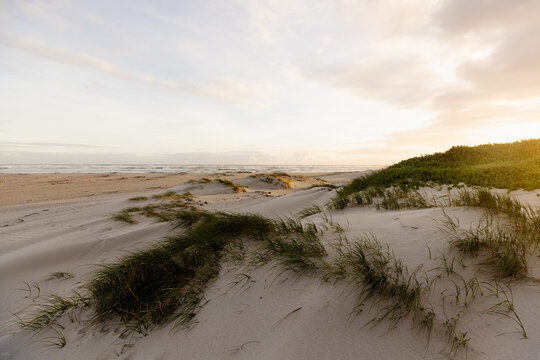 muted sunset light over Grotto lagoon and sand dunes, Hermanus, South Africa