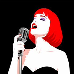 Vintage Style Singer Vector Illustration with Red Hair and Microphone on Black Background, Artistic Performance and Music Concept © Purnomo