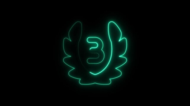 Neon glowing number 3 inside laurel wreath emblem, minimalist digital light