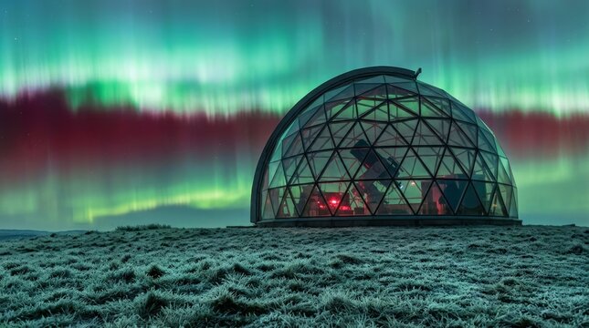 A geodesic glass dome observatory with a large telescope inside, standing on a frosty field under a spectacular display of the green and red Aurora Borealis night sky.