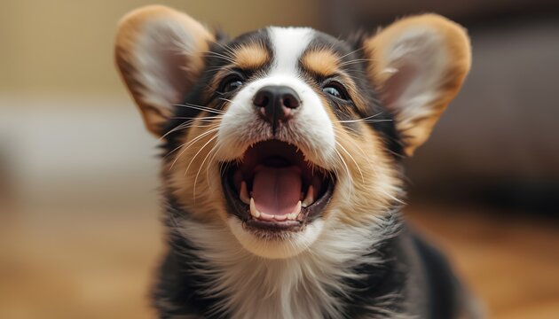 Funny Expression of a Tricolor Corgi Puppy Waking Up from a Nap