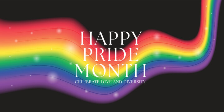 Happy pride month, celebrate love and diversity text on abstract long waving rainbow lgbtq flag and white light star around on black background vector design
