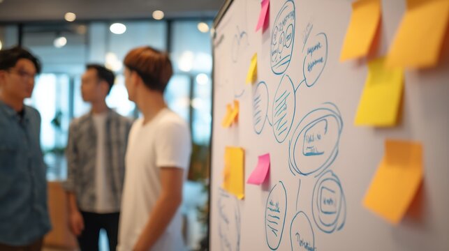 Colleagues brainstorming ideas in modern office