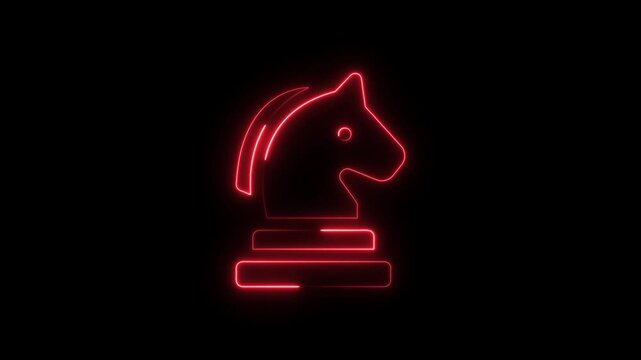 Neon red chess knight glowing on black background, minimalist strategy game symbol animation