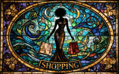 Obraz premium Stained glass art of a shopping woman with bags vibrant colors and