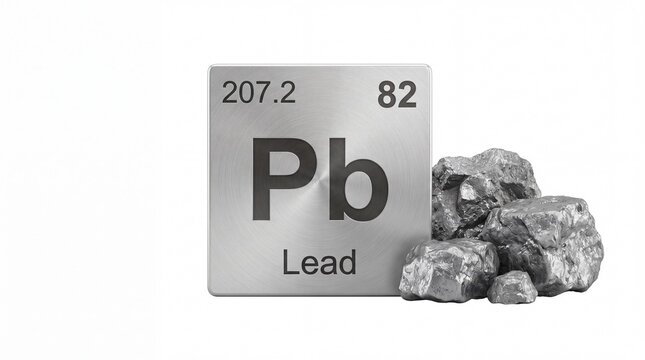 Shiny metallic lead element symbol plate standing next to raw heavy ore chunks on white background