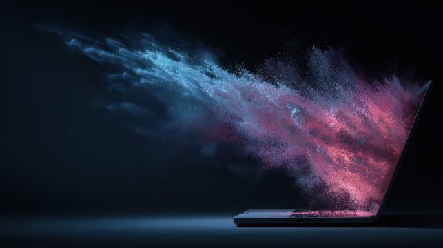 Laptop emitting colorful cloud like particles