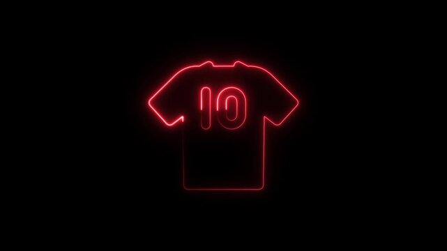 Neon soccer jersey with number 10 glowing animation on black background, football