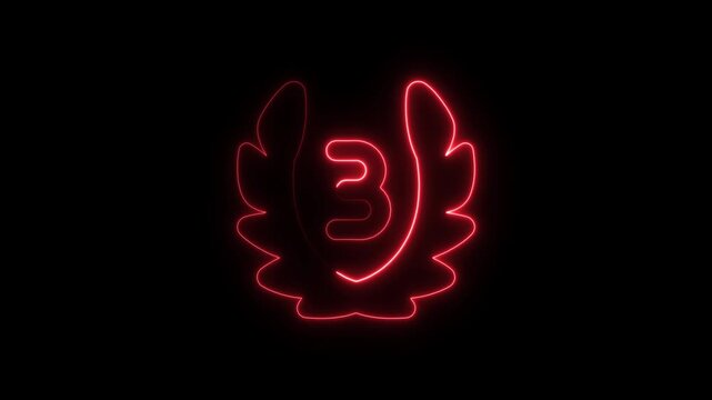 Red neon number 3 inside laurel wreath glowing animation for awards and rankings