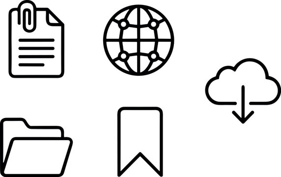 File and Cloud Vector Icon Set Featuring Document, Folder, Bookmark, Globe, and Cloud Upload Symbols for File Management, Storage, and Digital Workspace Projects