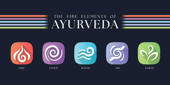 The Five elements of Ayurveda doshas - fire ether water air and earth with white abstract curve line in gradient rounded corner square icon chart on dark background vector design