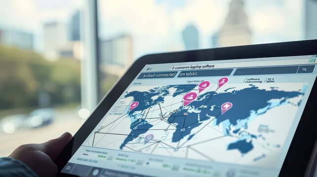 Digital world map with location pins on laptop screen for tracking