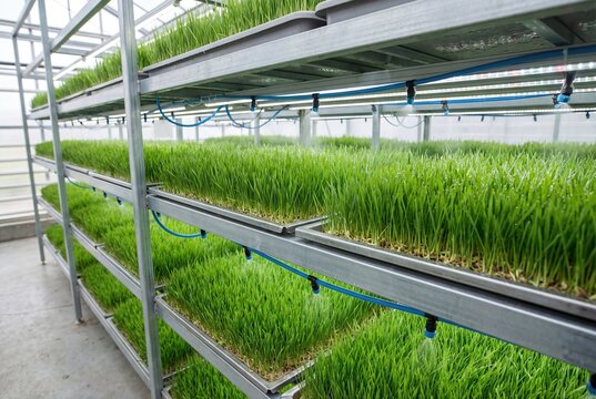 Indoor hydroponic agriculture system with rows of fresh animal fodder