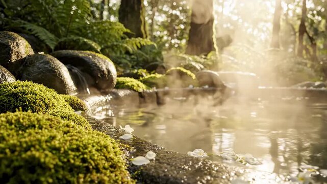 Serene forest scene with steaming pond, mossy rocks, and sunlight filtering through trees