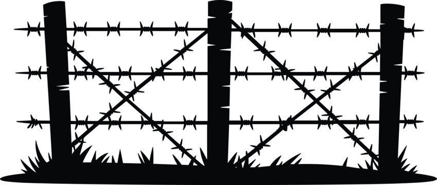 Rustic barbed wire fence silhouette, rural security barrier countryside boundary vector illustration isolated design element