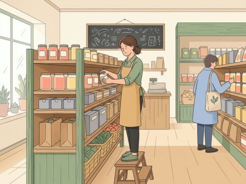 Shop owner in apron standing on stool restocking shelves with glass jars in grocery store