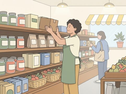Shop owner restocking shelves with cardboard boxes in a grocery store