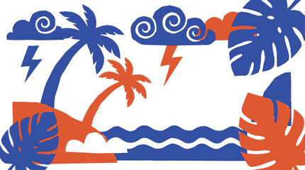 Vibrant vector illustration capturing a dynamic tropical storm unfolding over a serene island beach with striking palm trees and ocean waves © Pronob Kumar Ray