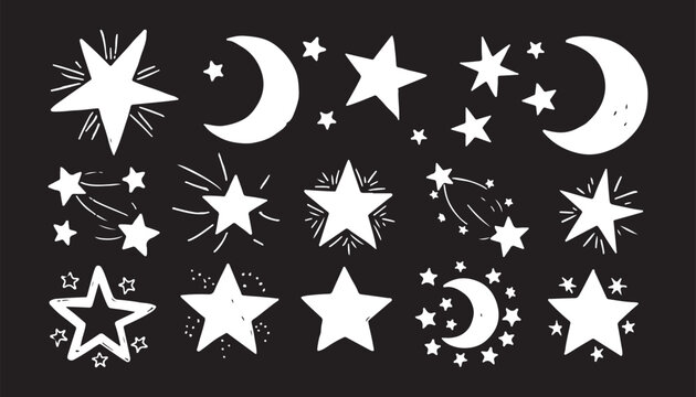 black shooting star vector icon set with sparkling trails for magic wish and astronomical celebration concept