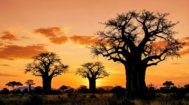 Silhouette of Baobab Trees at Sunset in African Savanna Landscape