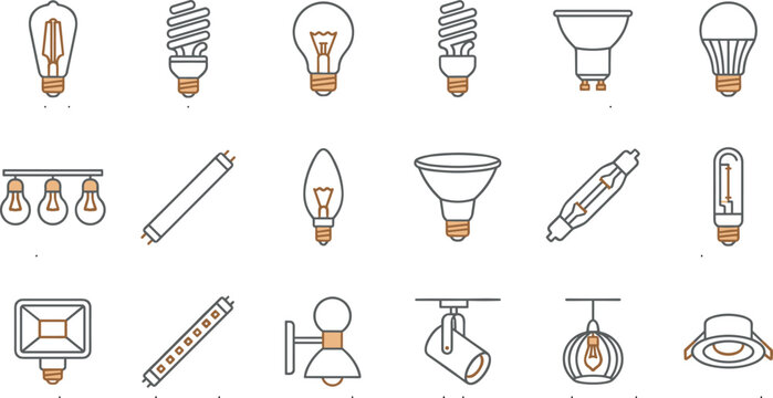 Lighting and Electrical Bulb Icon Set Featuring LED Lamps Ceiling Fixtures and Modern Illumination Equipment Symbols
