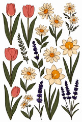 Obraz premium Spring Floral Vector Illustration Collection Tulips Daisies Lavender Daffodils For Commercial Use
