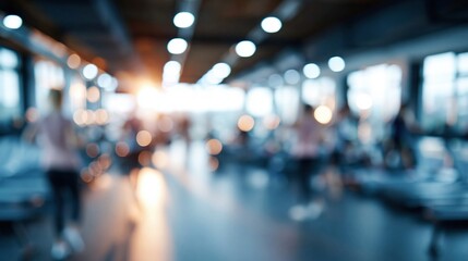 Fototapeta premium Blurred Motion of People Exercising on Treadmills in a Bright, Modern Fitness Center
