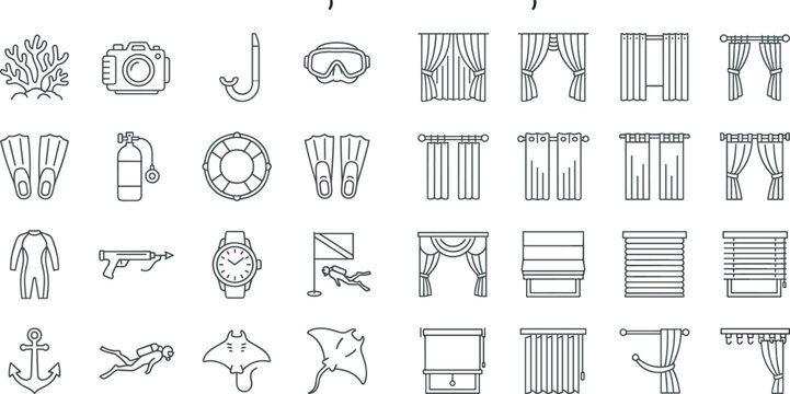 Marine Adventure and Window Curtain Icon Set Featuring Nautical Equipment Diving Accessories and Interior Drapery Symbolst