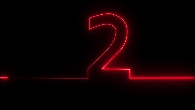 Number 2 text icon animation glowing neon red color digit countdown anniversary template sign symbol on black background. Neon number 2