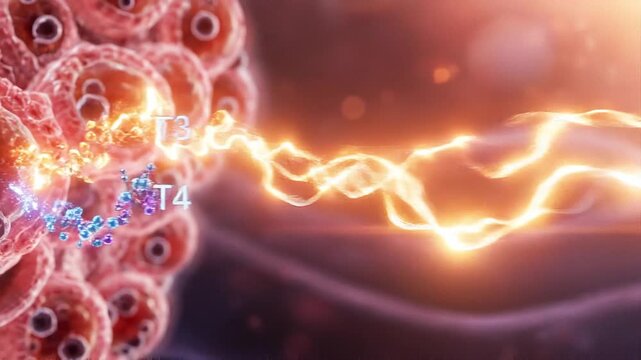 T3 and T4 hormone release from thyroid gland cells showing molecular structure and glowing energy flow in detailed biological science illustration with vibrant colors and cellular anatomy