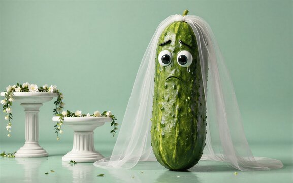 Sad cucumber in wedding veil crying beside floral pedestals on mint