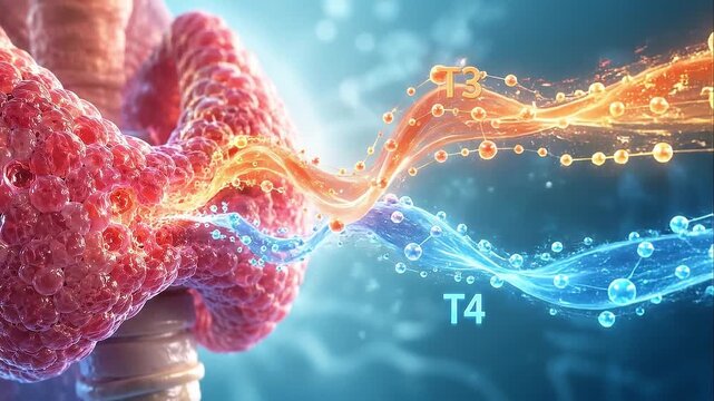 T3 and T4 hormone release molecular streams flowing from thyroid gland in dynamic biological and medical science anatomy showing detailed endocrine system interaction and secretion