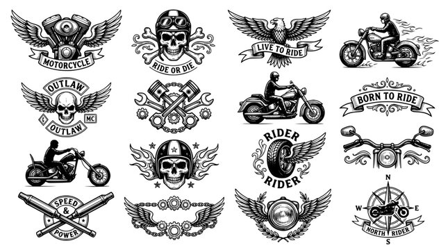 set of Biker Clipart in black and white color Perfect for Design Ornaments. hand drawn