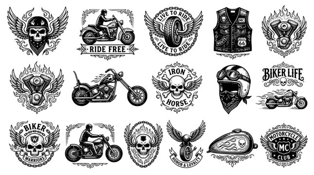 set of Biker club Clipart in black and white color Perfect for Design Ornaments. hand drawn