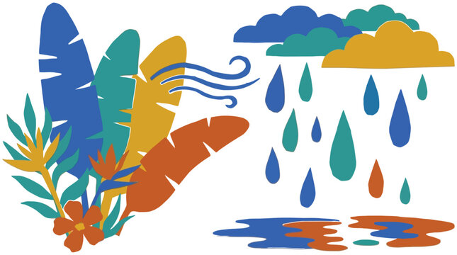 Vibrant stylized depiction of tropical weather elements featuring lush foliage, gentle wind currents, and refreshing rain showers under fluffy clouds, illustrating natural climate dynamics