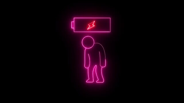A low battery icon and a tired person with neon line.And black background motion graphic.