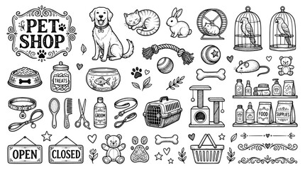 Fototapeta premium set of Pet Shop Clipart in black and white color Perfect for Design Ornaments. hand drawn