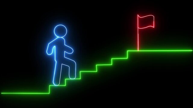 Neon icon of a person climbing stairs with Flag And black background.4k animation video.